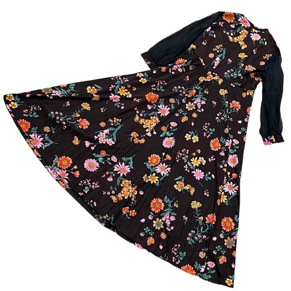 Vintage 70s Floral and Black Long Sleeve Sheer Maxi Dress - Picture 2 of 16
